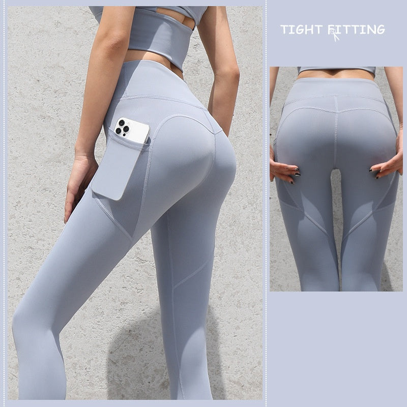 NUDE Yoga Pants with Side Pocket (4D Elastic, Gym Compression Tights, Seamless High Waist, Breathable Slim-Fit)