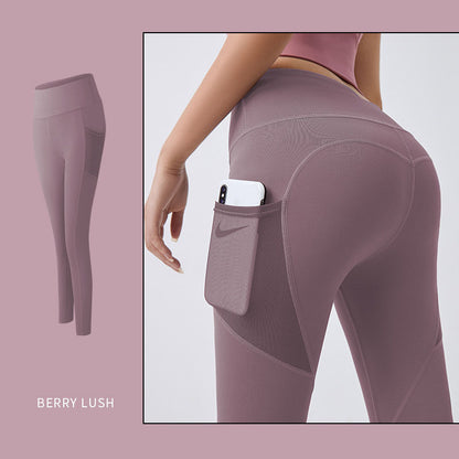 NUDE Accented Yoga Pants with Side Pocket (4D Elastic, Gym Compression Tights, Seamless High Waist, Breathable Slim-Fit)