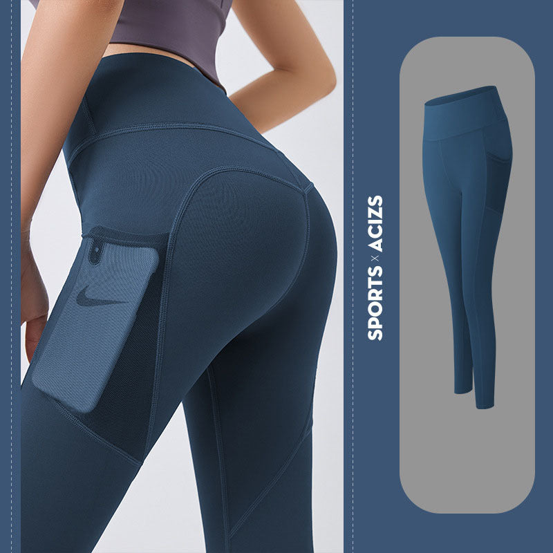 NUDE Accented Yoga Pants with Side Pocket (4D Elastic, Gym Compression Tights, Seamless High Waist, Breathable Slim-Fit)
