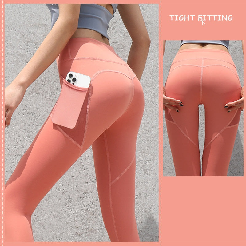NUDE Yoga Pants with Side Pocket (4D Elastic, Gym Compression Tights, Seamless High Waist, Breathable Slim-Fit)