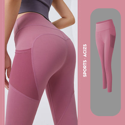 NUDE Accented Yoga Pants with Side Pocket (4D Elastic, Gym Compression Tights, Seamless High Waist, Breathable Slim-Fit)
