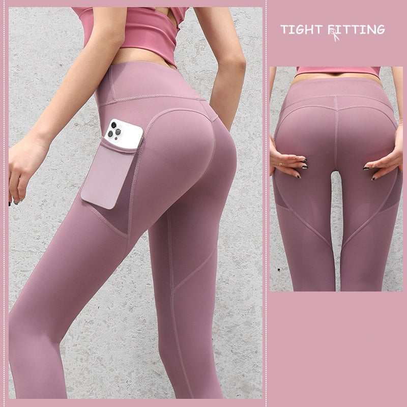 NUDE Yoga Pants with Side Pocket (4D Elastic, Gym Compression Tights, Seamless High Waist, Breathable Slim-Fit)