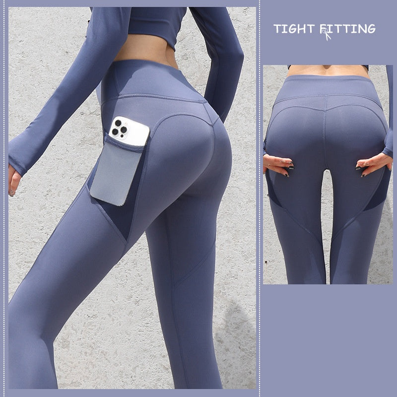 NUDE Yoga Pants with Side Pocket (4D Elastic, Gym Compression Tights, Seamless High Waist, Breathable Slim-Fit)