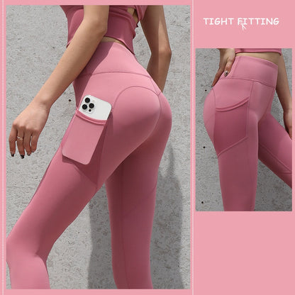 NUDE Yoga Pants with Side Pocket (4D Elastic, Gym Compression Tights, Seamless High Waist, Breathable Slim-Fit)