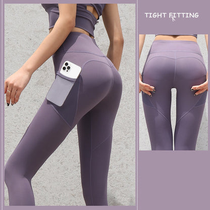 NUDE Yoga Pants with Side Pocket (4D Elastic, Gym Compression Tights, Seamless High Waist, Breathable Slim-Fit)