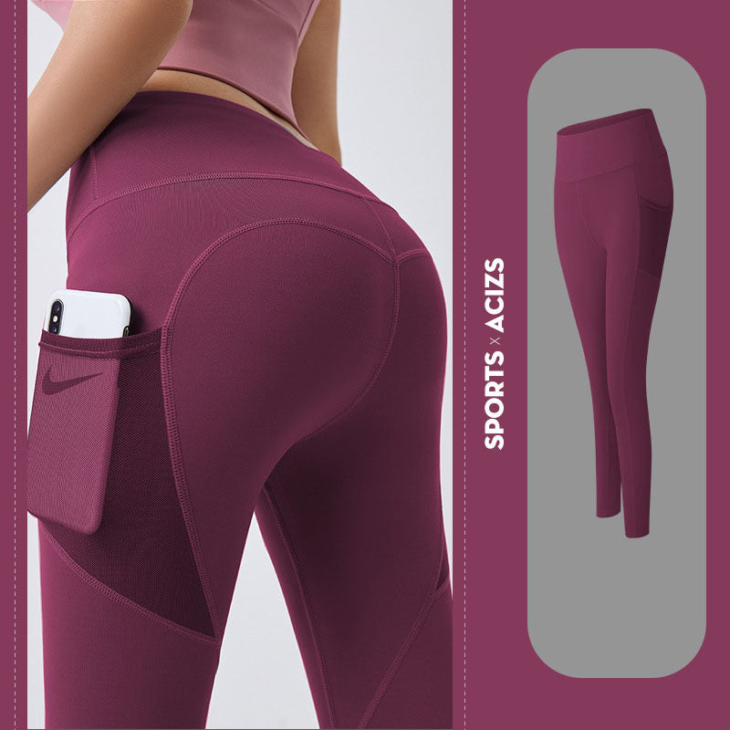 NUDE Accented Yoga Pants with Side Pocket (4D Elastic, Gym Compression Tights, Seamless High Waist, Breathable Slim-Fit)