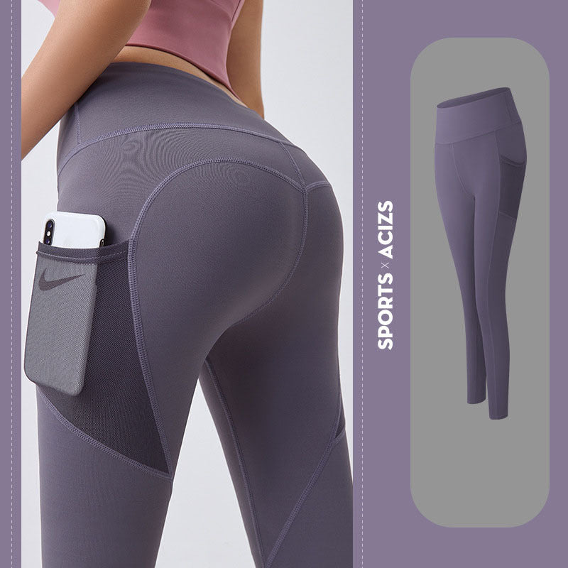 NUDE Accented Yoga Pants with Side Pocket (4D Elastic, Gym Compression Tights, Seamless High Waist, Breathable Slim-Fit)