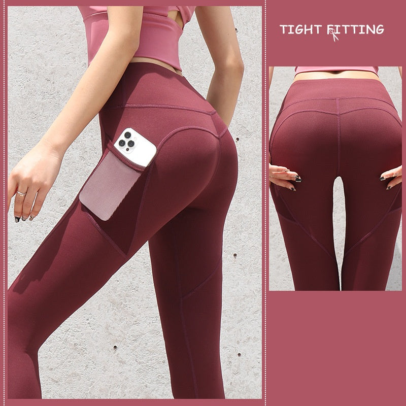 NUDE Yoga Pants with Side Pocket (4D Elastic, Gym Compression Tights, Seamless High Waist, Breathable Slim-Fit)