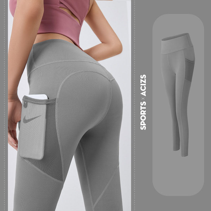 NUDE Accented Yoga Pants with Side Pocket (4D Elastic, Gym Compression Tights, Seamless High Waist, Breathable Slim-Fit)