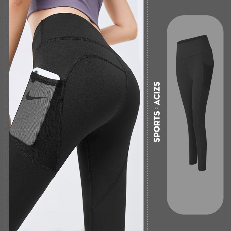 NUDE Accented Yoga Pants with Side Pocket (4D Elastic, Gym Compression Tights, Seamless High Waist, Breathable Slim-Fit)