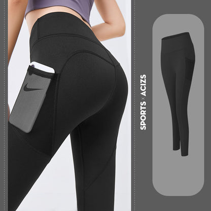 NUDE Accented Yoga Pants with Side Pocket (4D Elastic, Gym Compression Tights, Seamless High Waist, Breathable Slim-Fit)