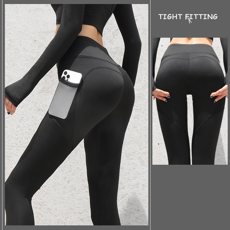 NUDE Yoga Pants with Side Pocket (4D Elastic, Gym Compression Tights, Seamless High Waist, Breathable Slim-Fit)